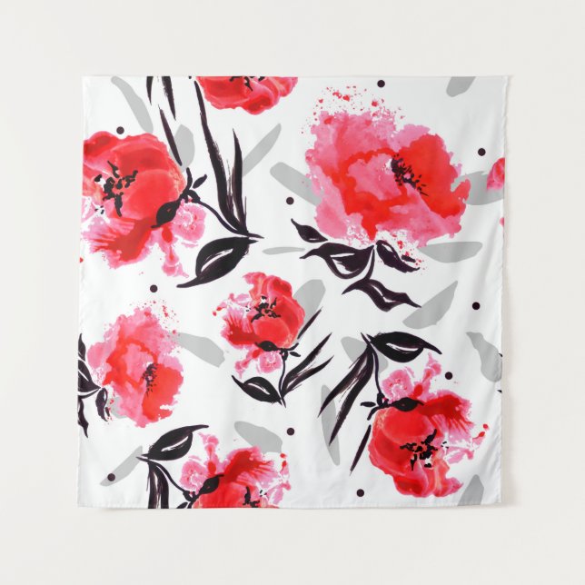 Roter Mohn auf weißem Hintergrund mit grauen Strei Wandteppich (Vorderseite)