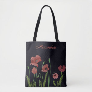 Roter Mohn-Blume auf schwarzem Monogramm Tasche