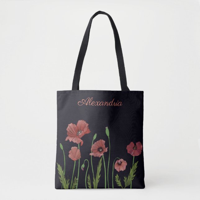 Roter Mohn-Blume auf schwarzem Monogramm Tasche (Vorderseite)
