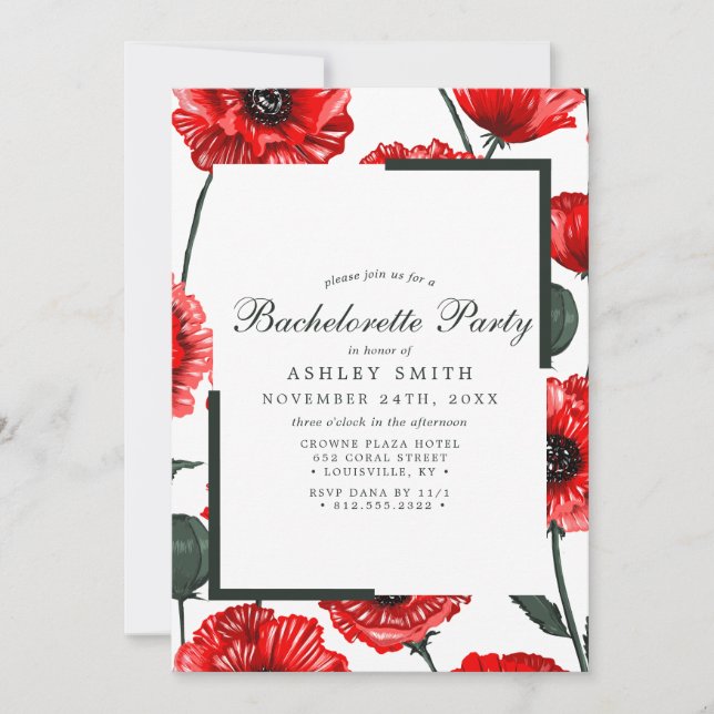 Roter Mohn Blume Blumenkohl Junggeselinnen-Abschie Einladung (Vorderseite)