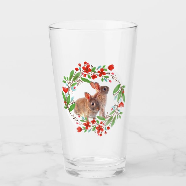 Roter Mohn Blume Kranz mit Kaninchen Ostern Glas (Vorderseite)