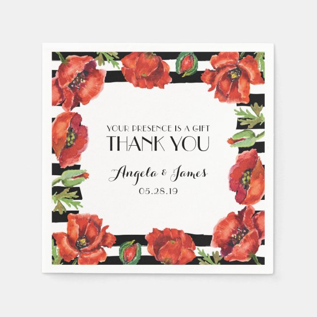 Roter Mohn Blume mit schwarzen Streifen Hochzeit Serviette (Vorderseite)