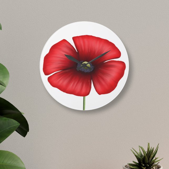 Roter Mohn-Blume Moderne, florale Rundmauer-Uhr Große Wanduhr (A bold and bright red poppy clock that will look lovely on your wall)