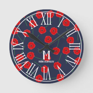 Roter Mohn-Blume und Navy Blue Monogramm Runde Wanduhr
