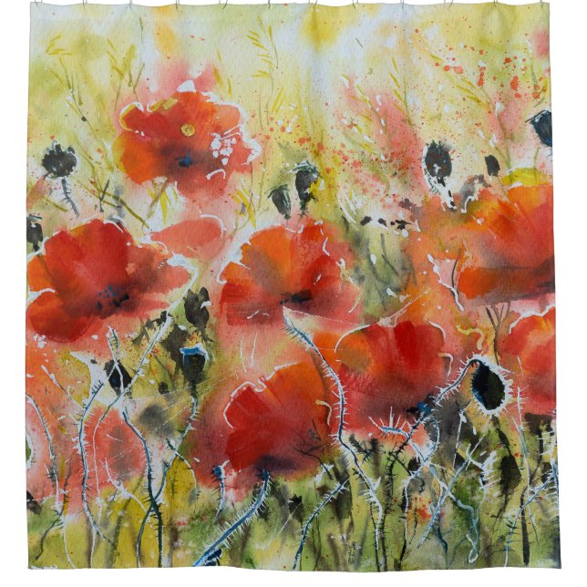 Roter Mohn Blume, weiche Wasserfarbe. Duschvorhang (Vorderseite)