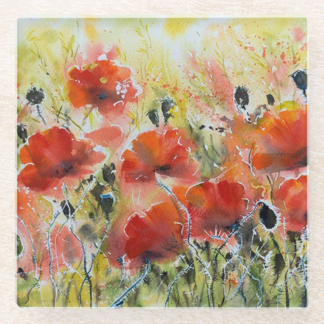 Roter Mohn Blume, weiche Wasserfarbe. Glasuntersetzer (Vorderseite)