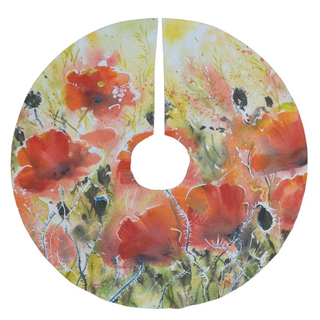 Roter Mohn Blume, weiche Wasserfarbe. Polyester Weihnachtsbaumdecke (Vorderseite)