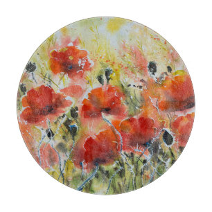 Roter Mohn Blume, weiche Wasserfarbe. Schneidebrett
