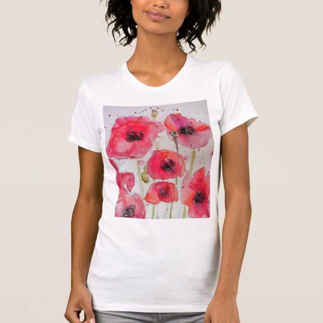 Roter Mohn Blumenstrauß Wasserfarbe Blume Muster T-Shirt (Vorderseite)