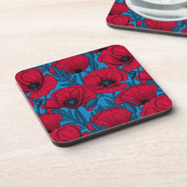 Roter Mohn-Garten auf Blau Getränkeuntersetzer (Linke Seite)