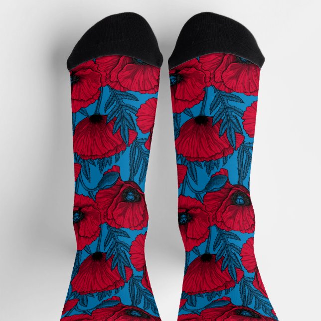Roter Mohn-Garten auf Blau Socken (Oben)