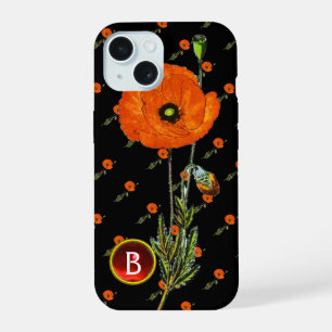 ROTER MOHN IN SCHWARZEM RUBIN-EDELSTEIN-MONOGRAMM iPhone 15 HÜLLE