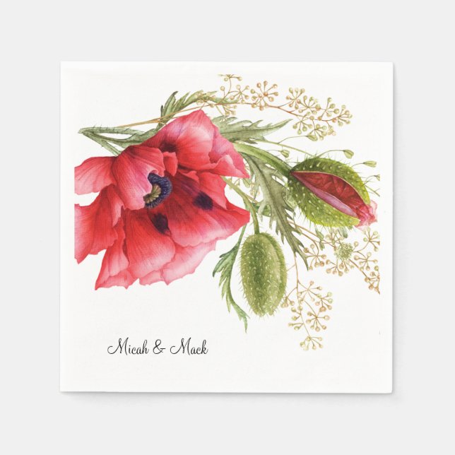 Roter Mohn-Individuelle Name Hochzeitscocktail Serviette (Vorderseite)