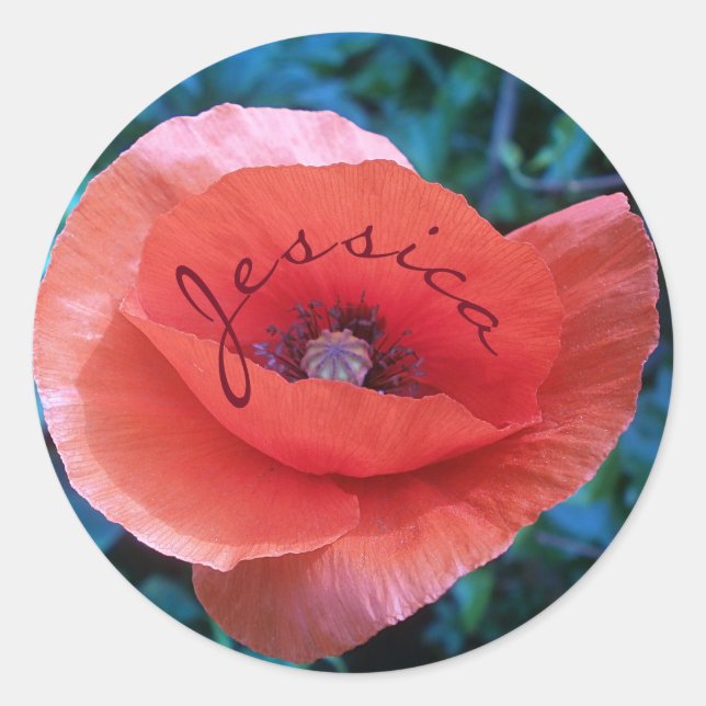Roter Mohn. Monogramm. Runder Aufkleber (Vorderseite)