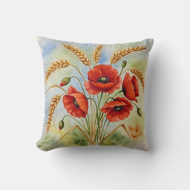 Roter Mohn und Weizenbrocken Kissen (Vorderseite)