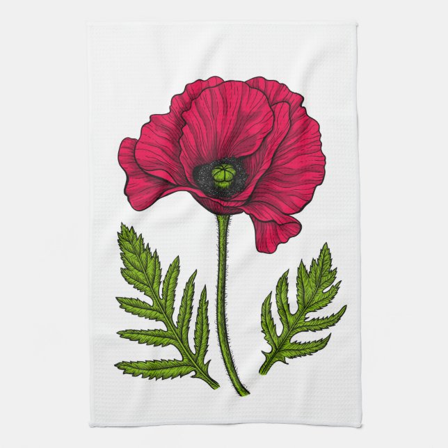 Roter Mohn zeichnend 3 Geschirrtuch (Vertikal)