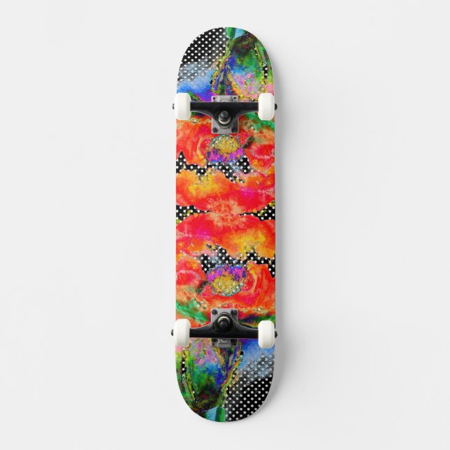 Roter Mohnblume, Schwarz-Weiß-Punkt Skateboard (Vorderseite)