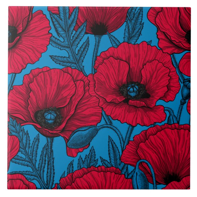 Roter Mohngarten auf blau Fliese (Vorderseite)