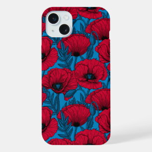 Roter Mohngarten auf blau iPhone 15 Plus Hülle