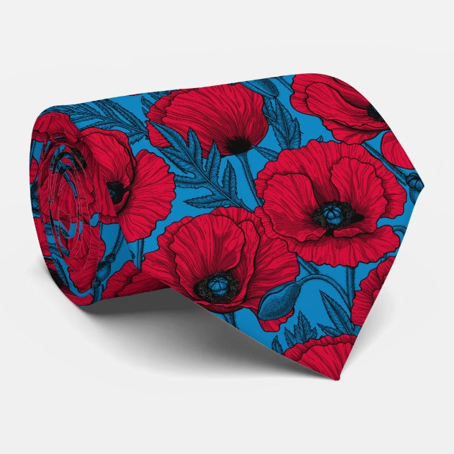 Roter Mohngarten auf blau Krawatte (Gerollt)
