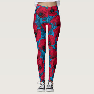 Roter Mohngarten auf blau Leggings