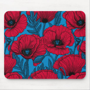 Roter Mohngarten auf blau Mousepad