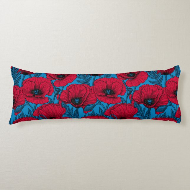 Roter Mohngarten auf blau Seitenschläferkissen (Vorderseite)