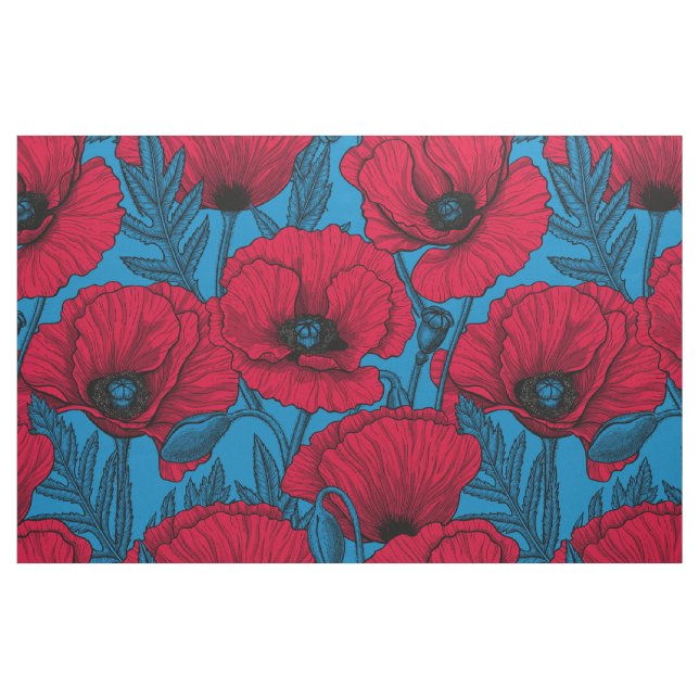 Roter Mohngarten auf blau Stoff (Fat Quarter (45,7 x 55,9 cm))