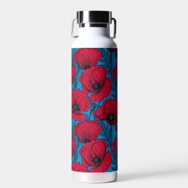Roter Mohngarten auf blau Trinkflasche (Vorne)