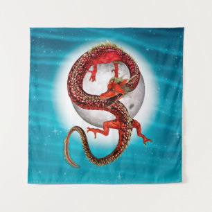 Roter Mond-Drache Himmels-Fantasy-Kunst Wandteppich