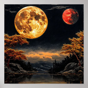 Roter Mond über einem See Dramatischer himmlischer Poster