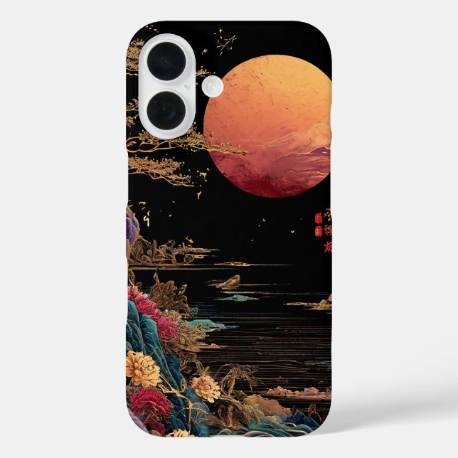 Roter Mond über einem See iPhone 16 Hülle (Rückseite)