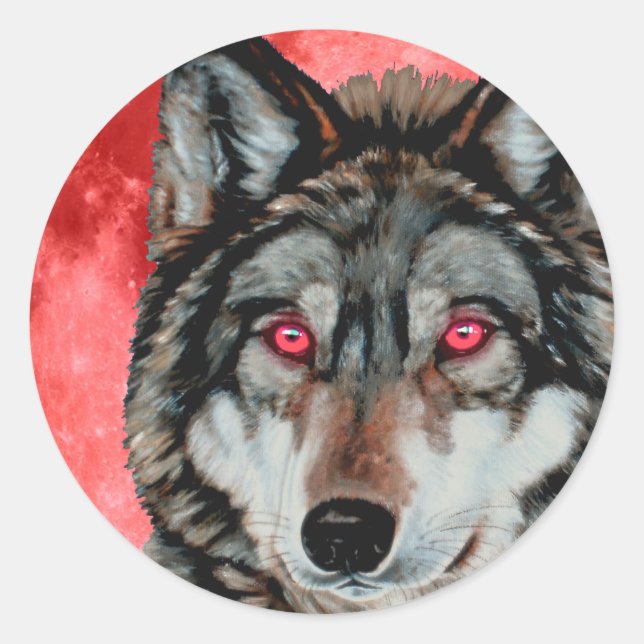 Roter Mond-Wolf Runder Aufkleber (Vorderseite)