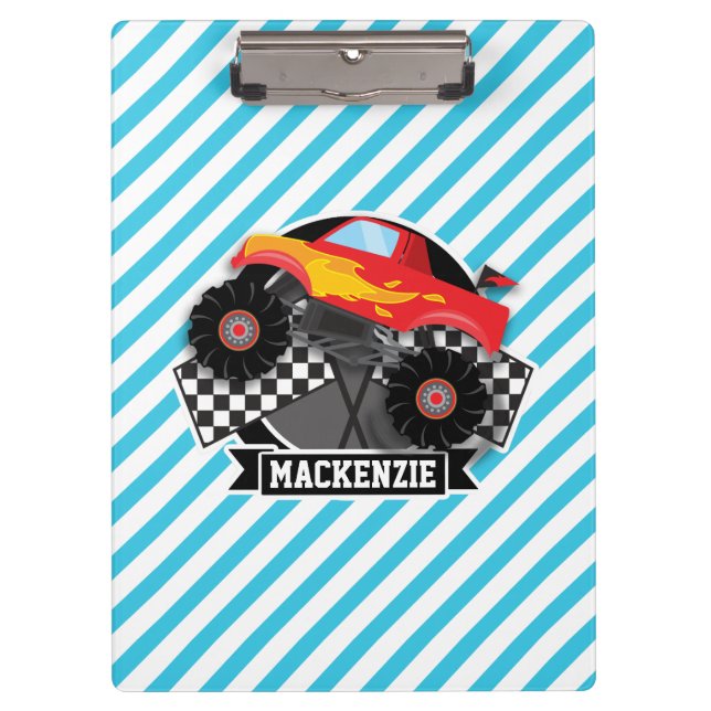roter Monster-Lkw; karierte Flagge; blaue Streifen Klemmbrett (Vorderseite)