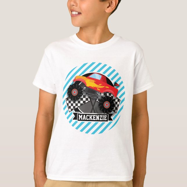 roter Monster-Lkw; karierte Flagge; blaue Streifen T-Shirt (Vorderseite)