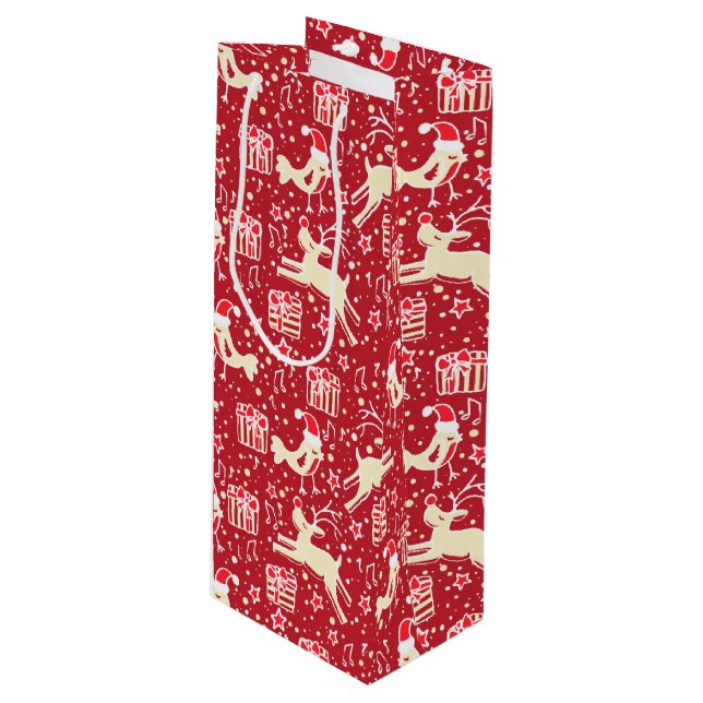 Roter Musiker-Vogel & Rentiere Weihnachtsgeschenk- Geschenktüte Für Weinflaschen (Vorderseite Schrägansicht)
