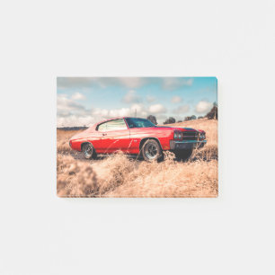Roter Muskelwagen im Gras. Post-it Klebezettel