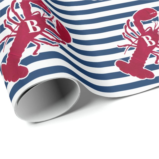 Roter nautischhummer | blauer und weißer Streifen Geschenkpapier (Rolleneckpunkt)