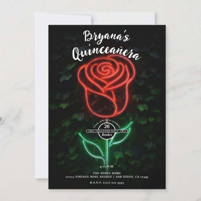 Roter Neon Light Glühende Rose Ivy 15 Quinceañera Einladung (Vorderseite)