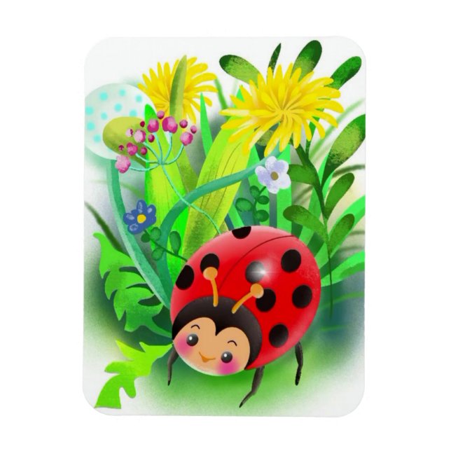 roter, niedlicher Ladybug auf Gras- und Flusshinte Magnet (Vertikal)