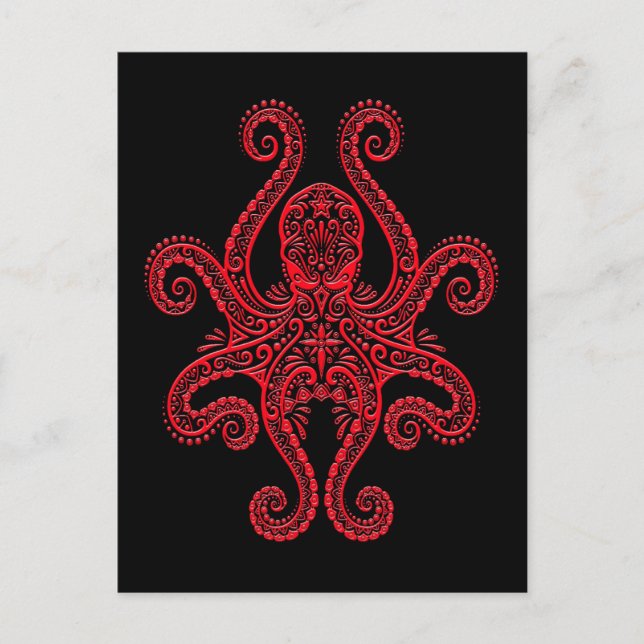 Roter Oktopus auf Schwarz Postkarte (Vorderseite)
