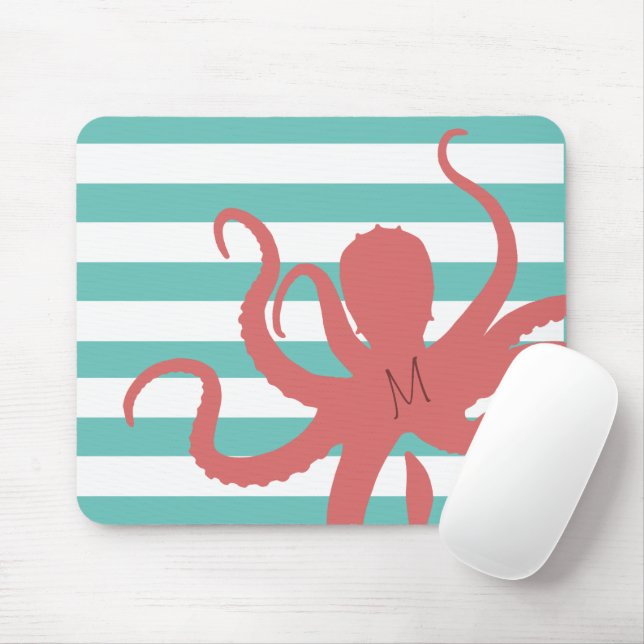 Roter Oktopus Moderner Strand weiß aquamarin gestr Mousepad (Mit Mouse)