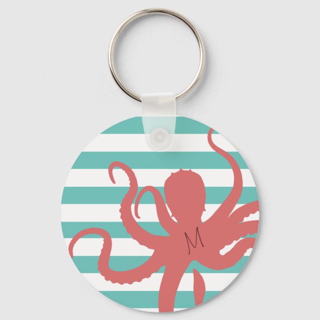 Roter Oktopus Moderner Strand weiß aquamarin gestr Schlüsselanhänger (Vorderseite)