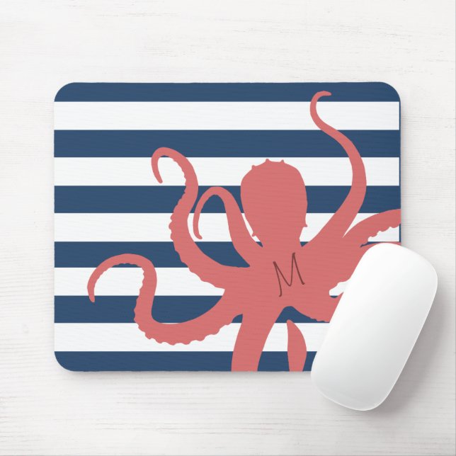 Roter Oktopus moderner Strand Weißmeer blau gestre Mousepad (Mit Mouse)