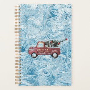 roter Oldtimer-LKW auf blauem Schneeflocken-Hinter Planer