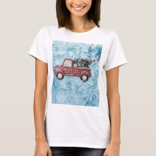 roter Oldtimer-LKW auf blauem Schneeflocken-Hinter T-Shirt