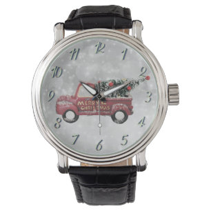 roter Oldtimer-LKW auf grauem Bokeh-Hintergrund Armbanduhr