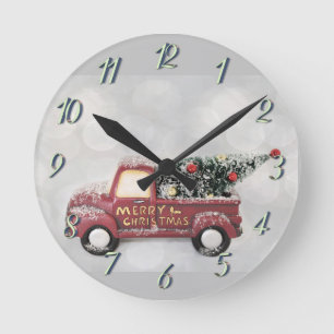 roter Oldtimer-LKW auf grauem Bokeh-Hintergrund Runde Wanduhr