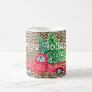 Roter Oldtimer-LKW und Weihnachtsbäume Kaffeetasse