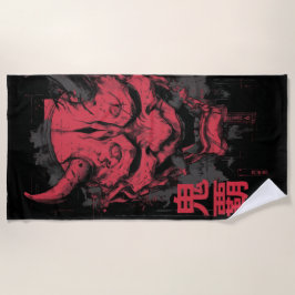 Roter-Oni-Maske-Kunst – Japanisches Dämonendesign Strandtuch